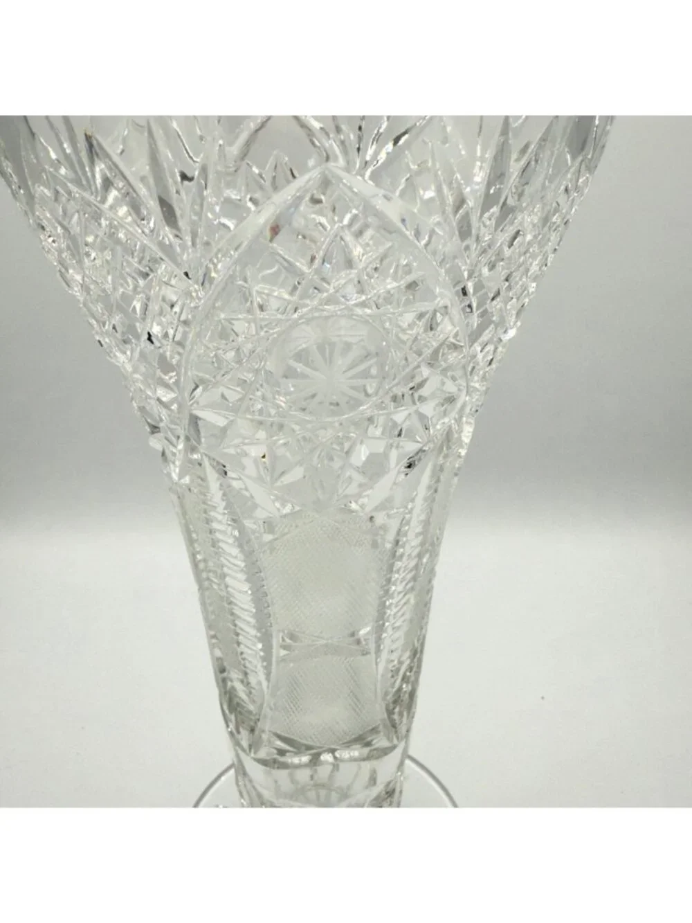 Vintage American Brilliant Cut Glass Trumpet Vase Hobstar 10